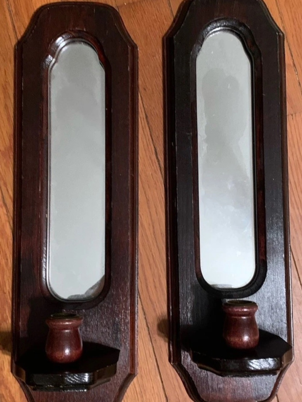 Vintage Pair Wooden Mirrored Wall Candle Sconces Rustic Farmhouse Shelf Decor